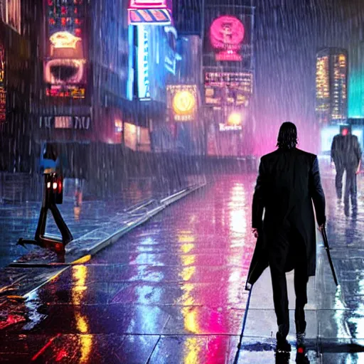 Image similar to keanu reeves as john wick, cyberpunk, walking the streets of night city in the rain, highly detailed, intricate, photorealistic, cinematic lighting