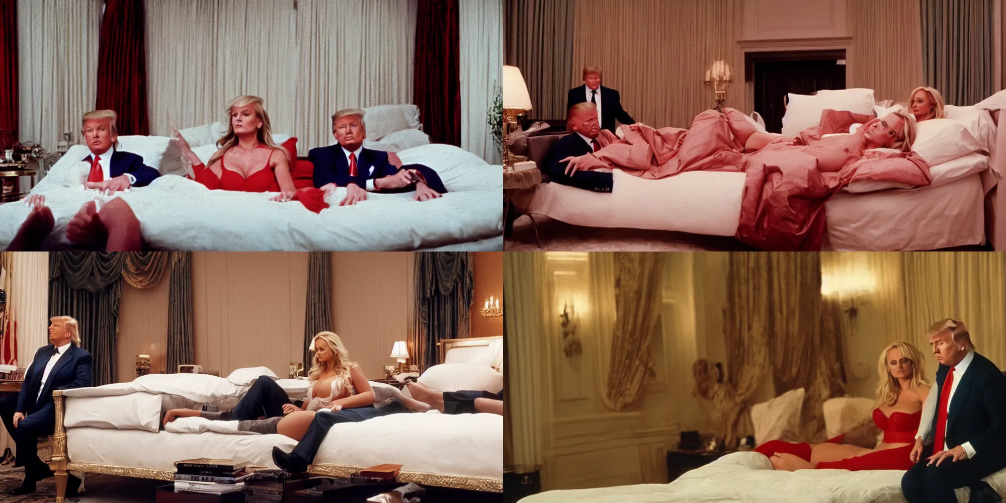 Prompt: donald trump next to stormy daniels on a bed directed by wes anderson, cinestill 8 0 0 t, 1 9 8 0 s movie still, film grain