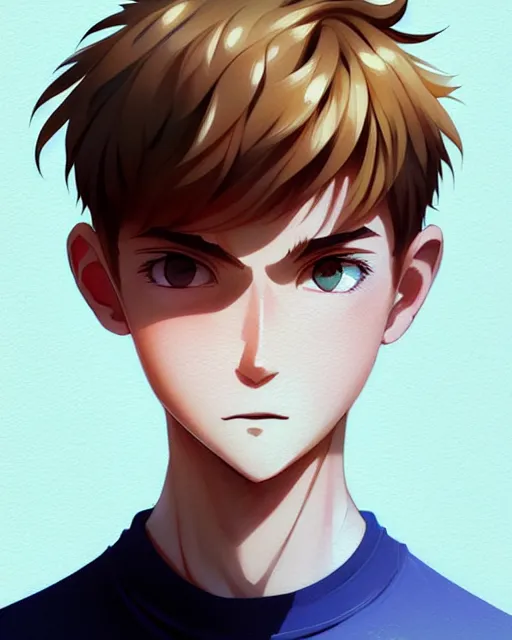 Prompt: teen boy with buzzed hair, blonde, bangs, blue eyes, bushy eyebrows, goofy grin, portrait shinkai makoto studio ghibli studio key hideaki anno sakimichan stanley artgerm lau rossdraws james jean marc simonetti elegant highly detailed digital painting artstation pixiv