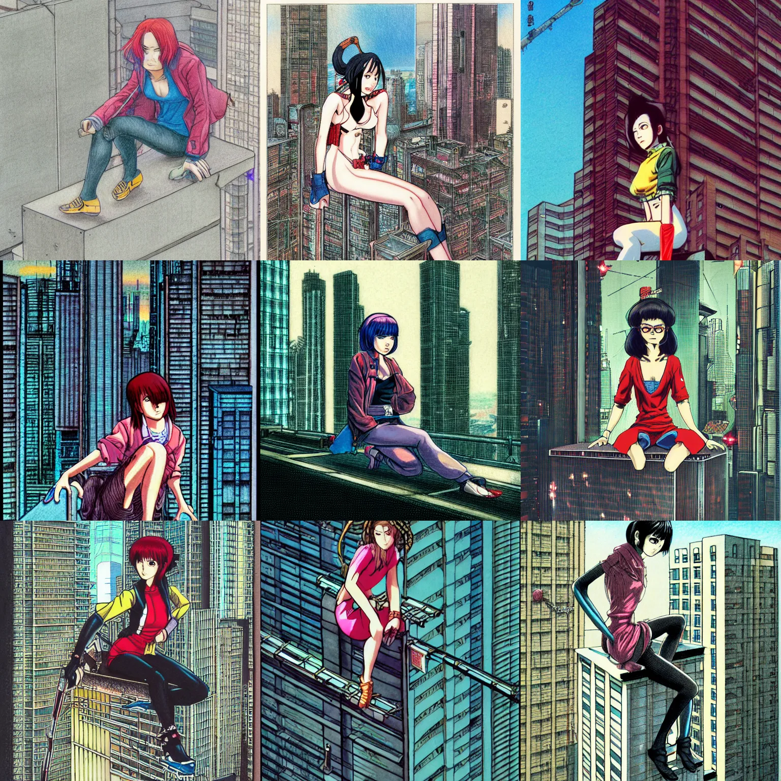 Prompt: Full body portrait of a young woman sitting on the ledge of a high rise building, cyberpunk, colored pencil, exquisitely detailed, Monkey Punch, Hayao Miyazaki, Masamune Shirow