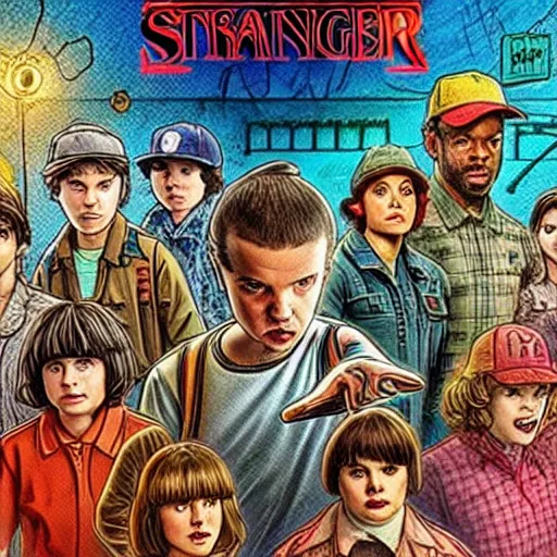 Prompt: stranger things 11 in a basement