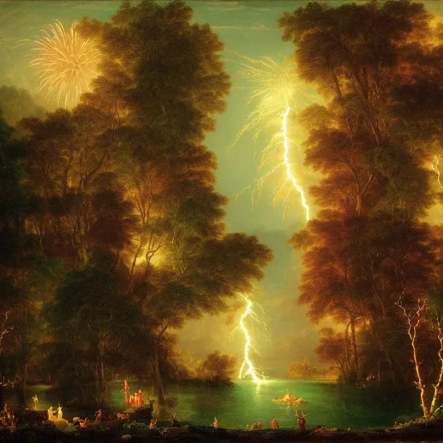 Image similar to a night carnival around a magical tree cavity with a rounded scenario with many fireworks and christmas lights, in a summer storm, next to a lake with iridiscent water, volumetric lightning, folklore people disguised as fantastic creatures in a magical forest by summer night, masterpiece painted by thomas cole, scene by night, dark night environment, refraction lights, glares