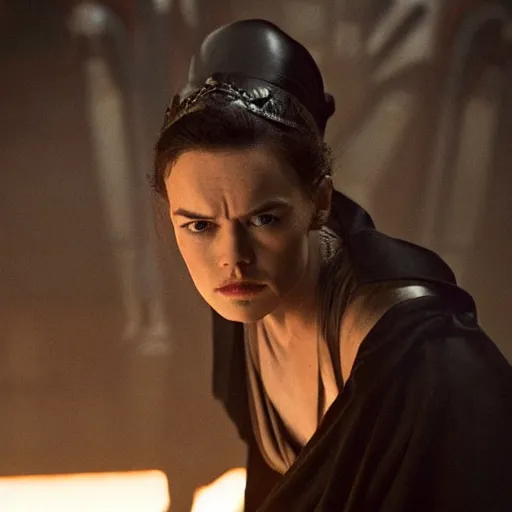 Image similar to movie still of daisy ridley as sith empress wearing a black satin robe and metal belt with dark eye makeup, sweaty, detailed eyes, neutral expression, shallow depth of field, photorealistic, cinematic lighting, lovely bokeh, dark moody light, strong rim light, movie quality, star wars