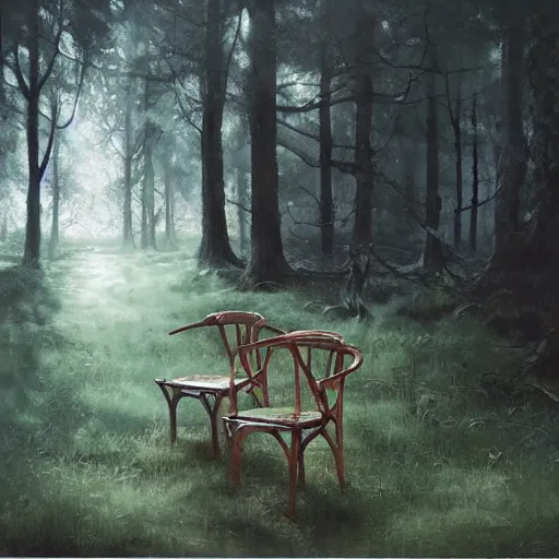 Prompt: chair in the forest wenjun lin hyperrealistic