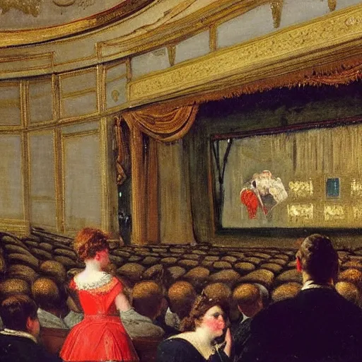 Image similar to a young man watching an actress on stage in an old theater, by alfred stevens