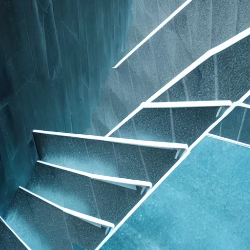 Image similar to liminal staircase in the middle of a long hallway, shallow blue water