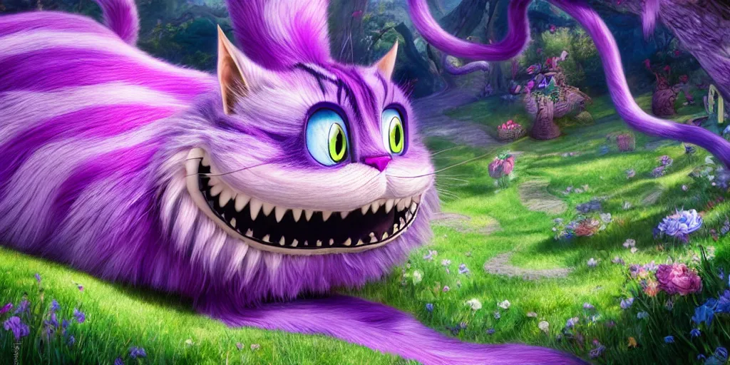 Image similar to The Cheshire Cat, Alice in wonderland, colorful, wide angle, super highly detailed, professional digital painting, artstation, concept art, smooth, sharp focus, no blur, no dof, extreme illustration, Unreal Engine 5, Photorealism, HD quality, 8k resolution, cinema 4d, 3D, beautiful, cinematic, art by artgerm and greg rutkowski and alphonse mucha and loish and WLOP