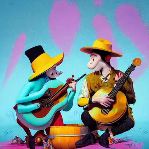 Image similar to lofi biopunk portrait of the Moomins playing mariachi, Pixar style, by Tristan Eaton Stanley Artgerm and Tom Bagshaw.