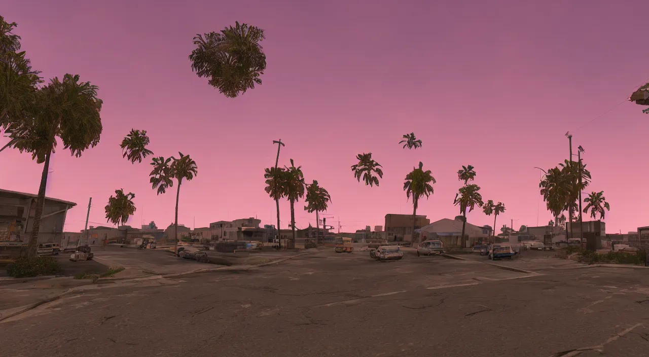 Image similar to hdr map of gta san andreas evening, pink sky, photorealistic, hyper detailed, hyper realistic, houdini, vfx, unreal engine 4, octane render, 8 k