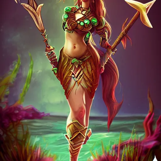 Image similar to fantasy mermaid warrior holding a sharp trident, sea background with sea weeds and small sea creatures, rpg, dota 2 art