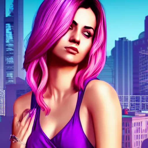 Image similar to a stunning GTA V loading screen with a beautiful woman with ombre hairstyle in purple and pink blowing in the wind, city streets, golden ratio, digital art, trending on artstation