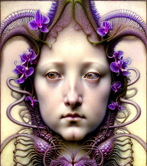 Image similar to beautiful young orchid fairy detailed realistic porcelain face portrait by jean delville, gustave dore, iris van herpen and marco mazzoni, art forms of nature by ernst haeckel, art nouveau, symbolist, visionary, gothic, neo - gothic, pre - raphaelite, fractal lace, intricate alien botanical biodiversity, surreality, hyperdetailed ultrasharp octane render