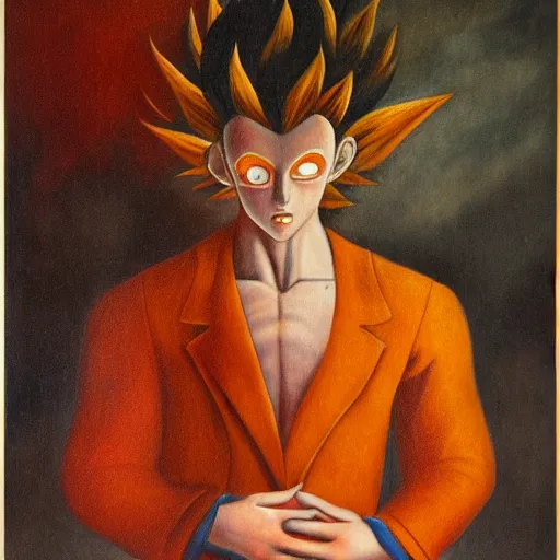 Image similar to by Remedios Varos, Goku from Dragon Ball Z, portrait, oil painting, high resolution, MET collection, Louvre