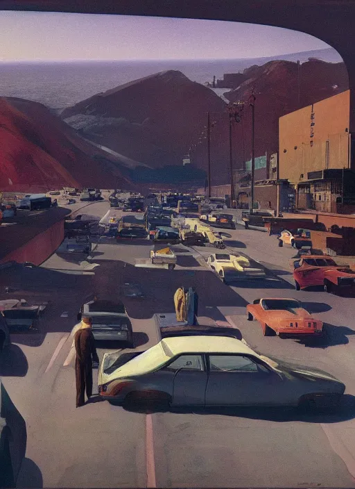 Prompt: los angeles traffic jam with large iceberg melting Edward Hopper and James Gilleard, Zdzislaw Beksinski highly detailed