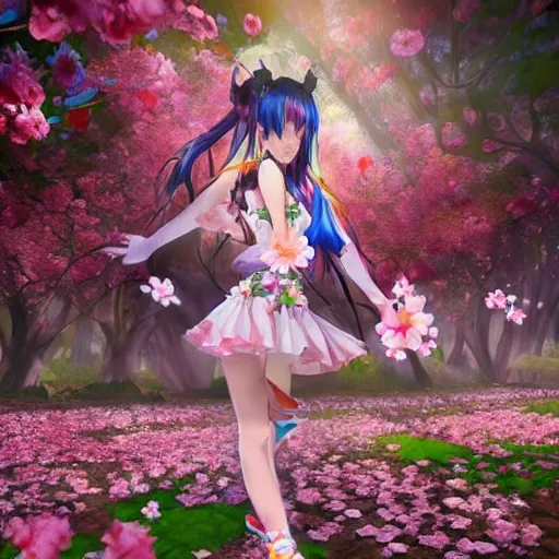 Image similar to 3d rendered anime girl with cherry blossoms as clothing in a flower garden, fantasy art, hyper realistic, detailed, ultra detailed, dynamic lighting, fantasy concept art