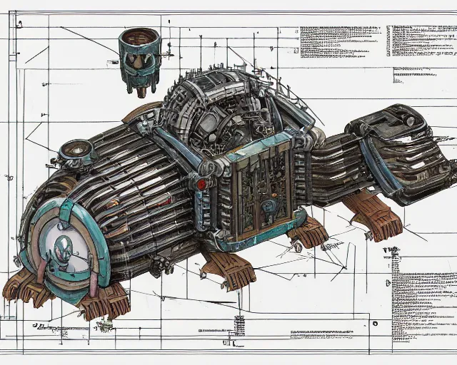 Prompt: a full page of a mechanical blueprint showing a design for a mechanized sloth from howl's moving castle ( 2 0 0 4 ), with a big head, muted colors, post grunge, studio ghibli, hq,