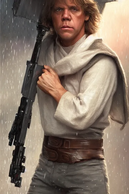 Image similar to luke skywalker crying in the rain, detailed, 8 k, trending on artstation, smooth, sharp focus artwork by mark arian, artgerm, mark keathley, greg rutkowski