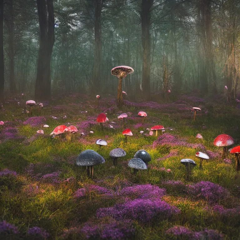 Image similar to a planet of various fungus like trees, mushrooms, flowers and plants, artistic photography, conceptual, long exposure outside the city, volumetric light