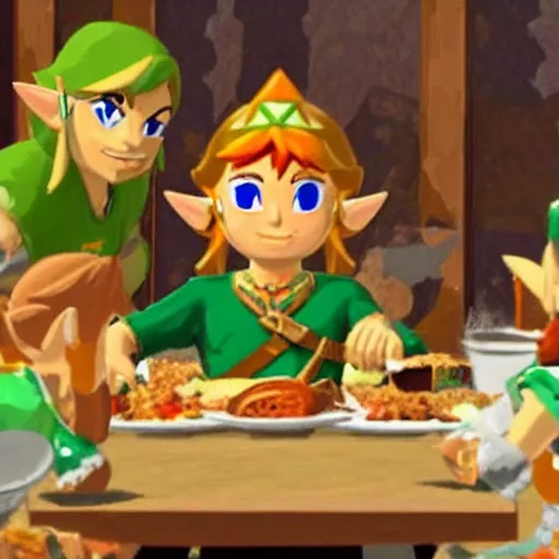 Image similar to king of hyrule eating dinner in the style of [ [ [ zelda ] ] ] cdi