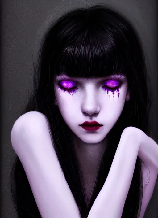 Image similar to portrait of teenage girl, red irises, bangs, black and white hair, white bangs, purple clothes, white bangs, two color hair, black hair and white bangs, intricate, elegant, glowing lights, highly detailed, digital painting, artstation, concept art, smooth, sharp focus, illustration, art by wlop, mars ravelo and greg rutkowski