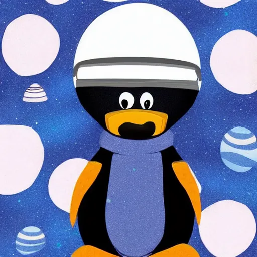 Image similar to cute astronaut penguin, helmet on, floating on space, disney style