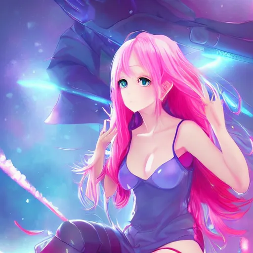 Prompt: digital anime art!!, gamer girl bedroom sleeping desk, azure blue eyes, pink hair, wlop, rossdraws, artgerm, ross tran