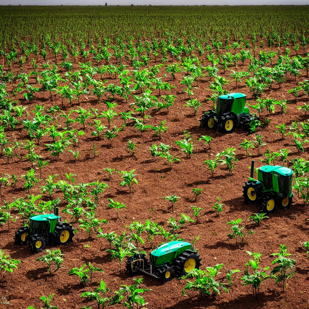 Prompt: robotic farming machinery maintaining a permaculture jungle in the desert, XF IQ4, 150MP, 50mm, F1.4, ISO 200, 1/160s, natural light