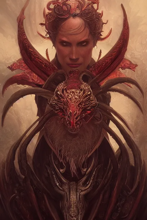 Image similar to ultra realistic illustration, asmodeus from diablo and baldurs gate, intricate, elegant, highly detailed, digital painting, artstation, concept art, smooth, sharp focus, illustration, art by artgerm and greg rutkowski and alphonse mucha