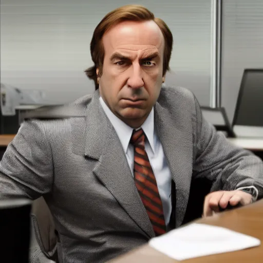 Image similar to Saul Goodman sit in the back of his office desk