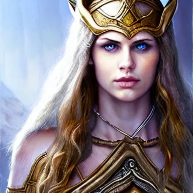 Image similar to Portrait elven viking girl warrior lady viking valkyrie, alexandra daddario, 4k oil on linen by wlop, artgerm, andrei riabovitchev, nuri iyem, james gurney, james jean, greg rutkowski, highly detailed, soft lighting 8k resolution