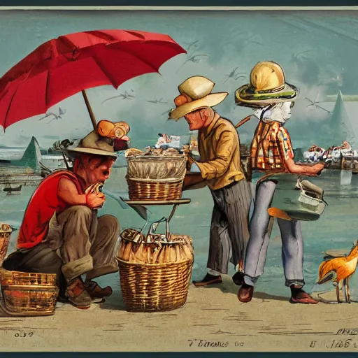 Prompt: a whimsical storybook illustration of crab sellers, 1 9 5 0 s americana tourism, designed by jean baptiste monge but in lowbrow pop art style, high resolution, fine details, muted colors