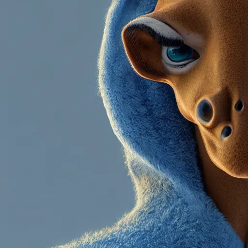 Image similar to a highly detailed portrait of a humanoid giraffe in a blue cloak, adventurer, artstation, deviantart, professional, unreal engine 5, octane render