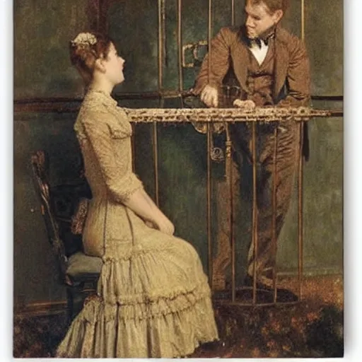 Prompt: young victorian woman solving an escape room riddle, while young victorian man is trapped in a cage, painted by alfred stevens