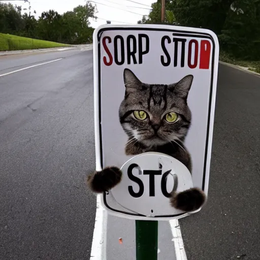 Image similar to an angry cat pointing at you while holding a stop sign at the same time