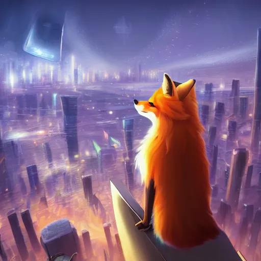 Image similar to an anthropomorphic fox with a fluffy tail staring over a futuristic city from the top of a roof, comic art, trending on furaffinity, cyberpunk, backlighting, cartoon