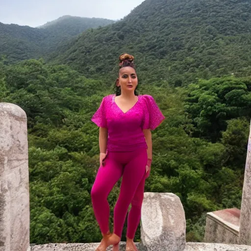 Prompt: a beautiful, attractive 25 year old latina stands on top of a mystic temple