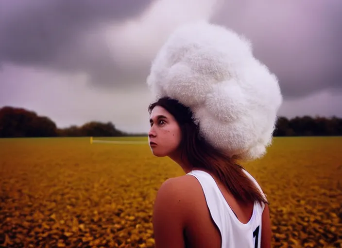 Prompt: realistic photo portrait of the woman volleyball team white cotton fluffy bird white carnival costumes shorts, fluffy pigeon head face portrait, wood in autumn, grey dusk sky with black clouds 1 9 9 0, life magazine reportage photo,