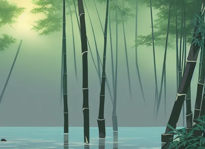 Prompt: deep in a misty japanese bamboo forest, small river, mountain background, sunny, cartoony, 9 0 s anime style, soft, moody lighting, by ghibli studio, makoto shinkai, toei animation, studio trigger, trending on artstation, 4 k, hd