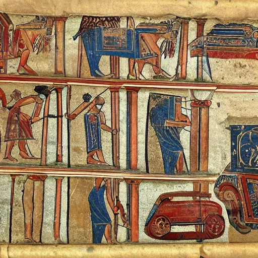 Image similar to ancient greek manuscript with pictures of cars