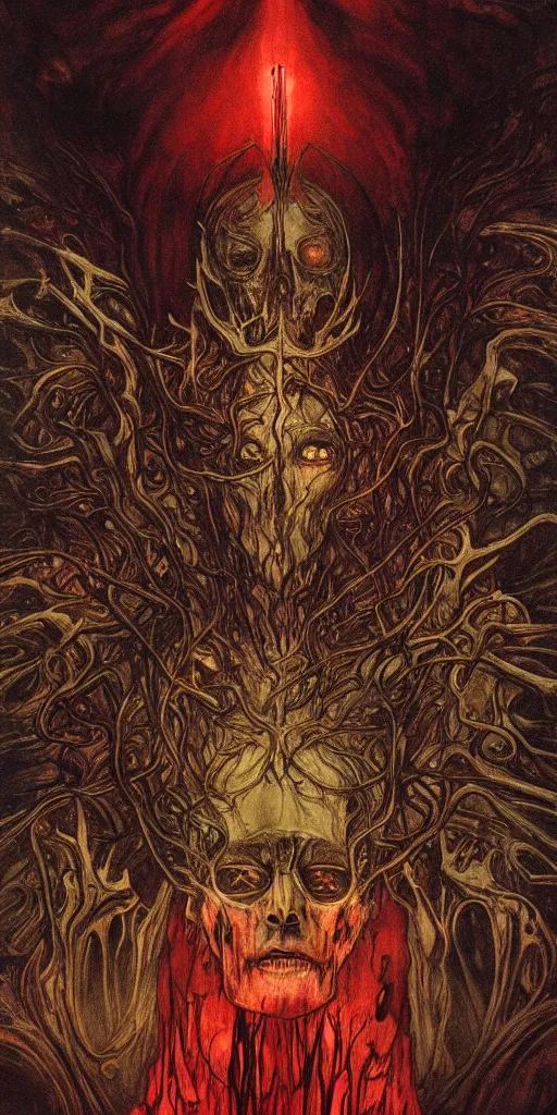 Prompt: intense glowing black metal pagan god with horns and veins and intense glowing eyes and a blood skull in very dark wooden cathedral by beksinski and alphonse mucha and artgerm and karol bak, portrait, fantasy, clear, light beams, lens flare, intense, uhd, amazing depth, cinematic lighting, shining gold and black and red