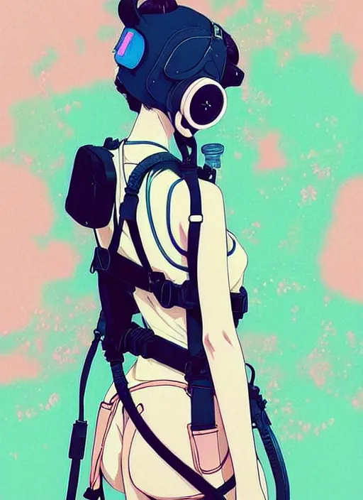 Image similar to singular girl with wearing gas mask, very anime!!! anime!! intricate details, aesthetically pleasing pastel colors, poster background, art by conrad roset and ilya kuvshinov