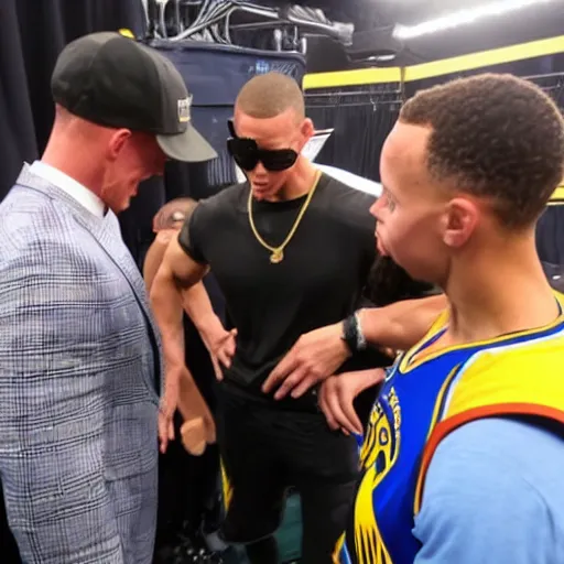 Image similar to John Cena trying to see stephen curry backstage, highly detailed