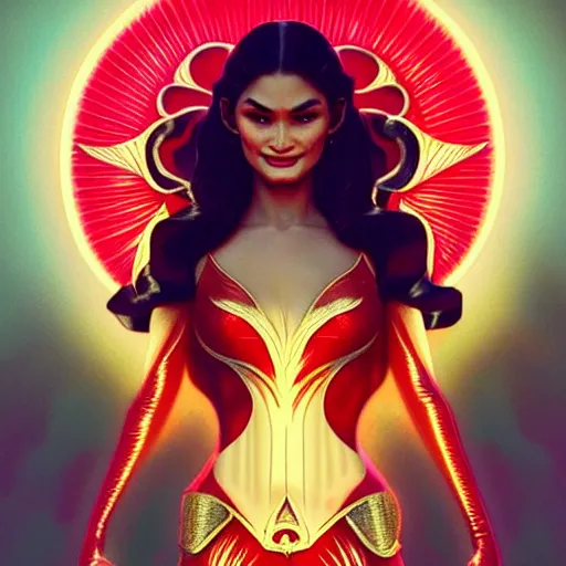 Image similar to pia wurtzbach as darna, volumetric lights, red and cyan theme, art nouveau botanicals, intricate, highly detailed, digital painting, artstation, concept art, smooth, sharp focus, cinematic, illustration, beautiful face, art by artgerm and greg rutkowski and alphonse mucha