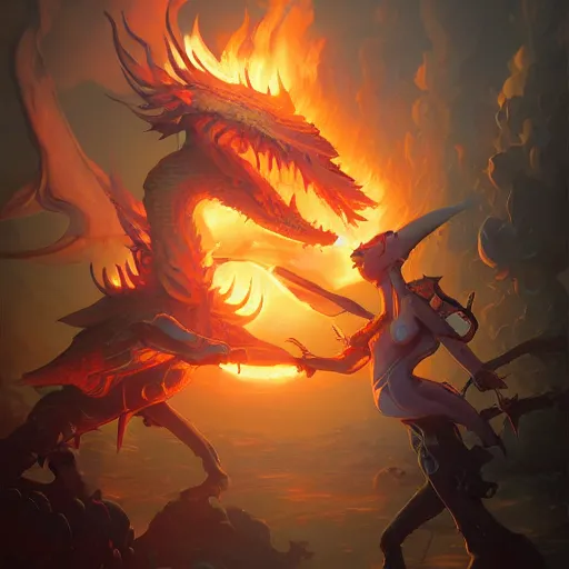 Prompt: huge daragon breathing fire by peter mohrbacher and dan mumford and nekro, cgsociety, volumetric light, 3 d render