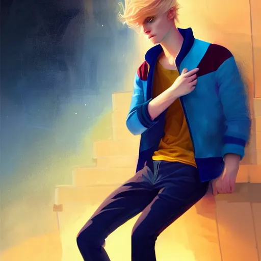 Image similar to colorful and Festive Captivating young boy with wavy blonde hair, navy blue jacket and blue shorts. rich vivid colors, ambient lighting, dynamic lighting, 4k, atmospheric lighting, painted, intricate, highly detailed by Charlie Bowater