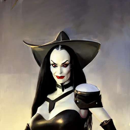 Image similar to greg manchess portrait painting of armored morticia from addams family as overwatch character, medium shot, asymmetrical, profile picture, organic painting, sunny day, matte painting, bold shapes, hard edges, street art, trending on artstation, by huang guangjian and gil elvgren and greg rutkowski