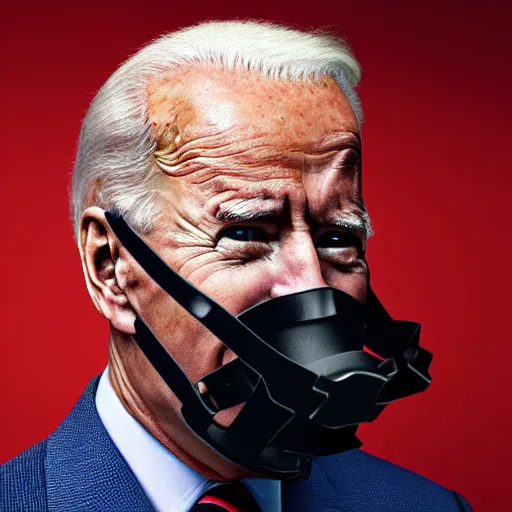 Prompt: uhd candid photo of joe biden wearing a muzzle, with accurate face, real muzzle, uhd, studio lighting, correct face, photo by annie leibovitz