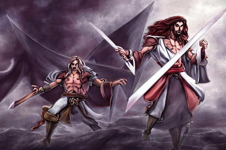 Prompt: Jesus Christ is a Belmont from Castlevania, fighting vampires and creatures of the night with his holy whip and throwing cross, digital art, Castlevania animated series, 4k