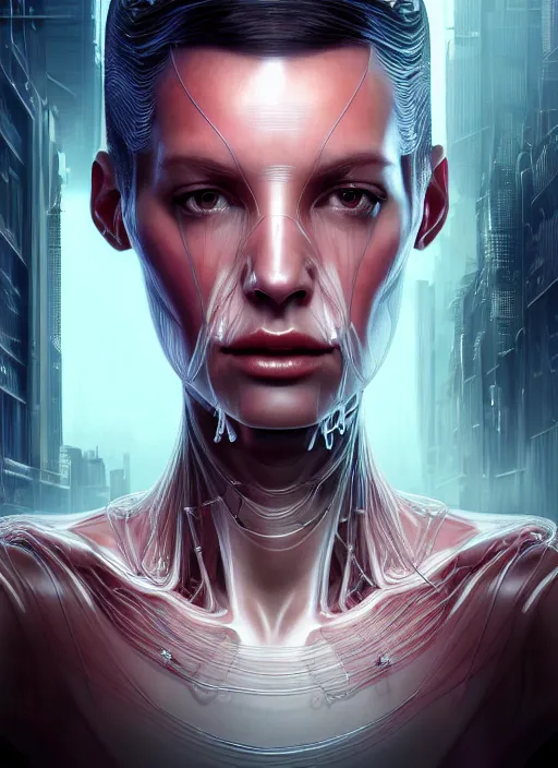 Prompt: 3 / 4 portrait, queen, crown, transparent skin, muscle, bones, veins, nerves, hyperrealism, detailed, photorealistic, cyberpunk apocalyptic city, futuristic, ultra realistic, cinematic, intricate, cinematic light, unreal engine 8 k, octane render, unreal engine by charlie bowater, david kostic, stanley lau, artgerm