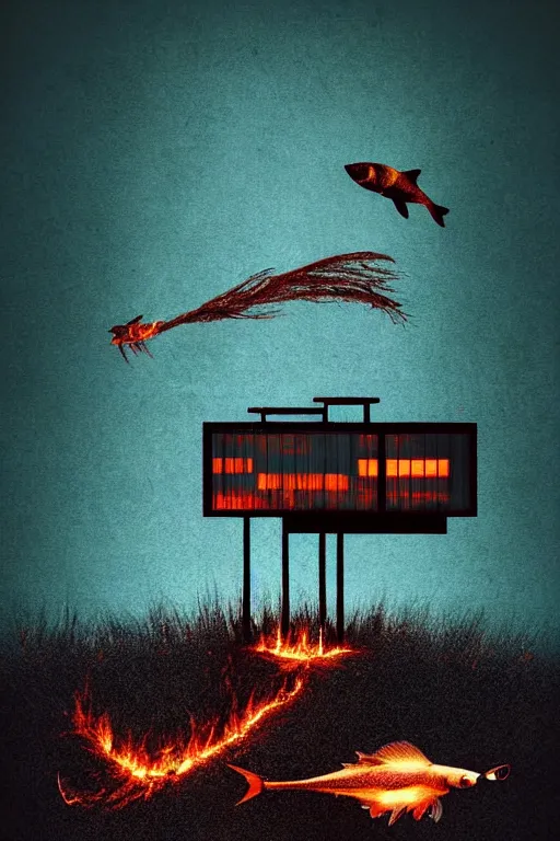 Prompt: burning overgrowth!!!!!+a lone man+fish flying in the sky, Mads Berg, Karolis Strautniekas, film noir, stippled light, dramatic lighting,editorial illustration, detailed,fine texture, matte print, art deco, brutalism, dark blue + dark orange, red, black, ((habitat 67 background))